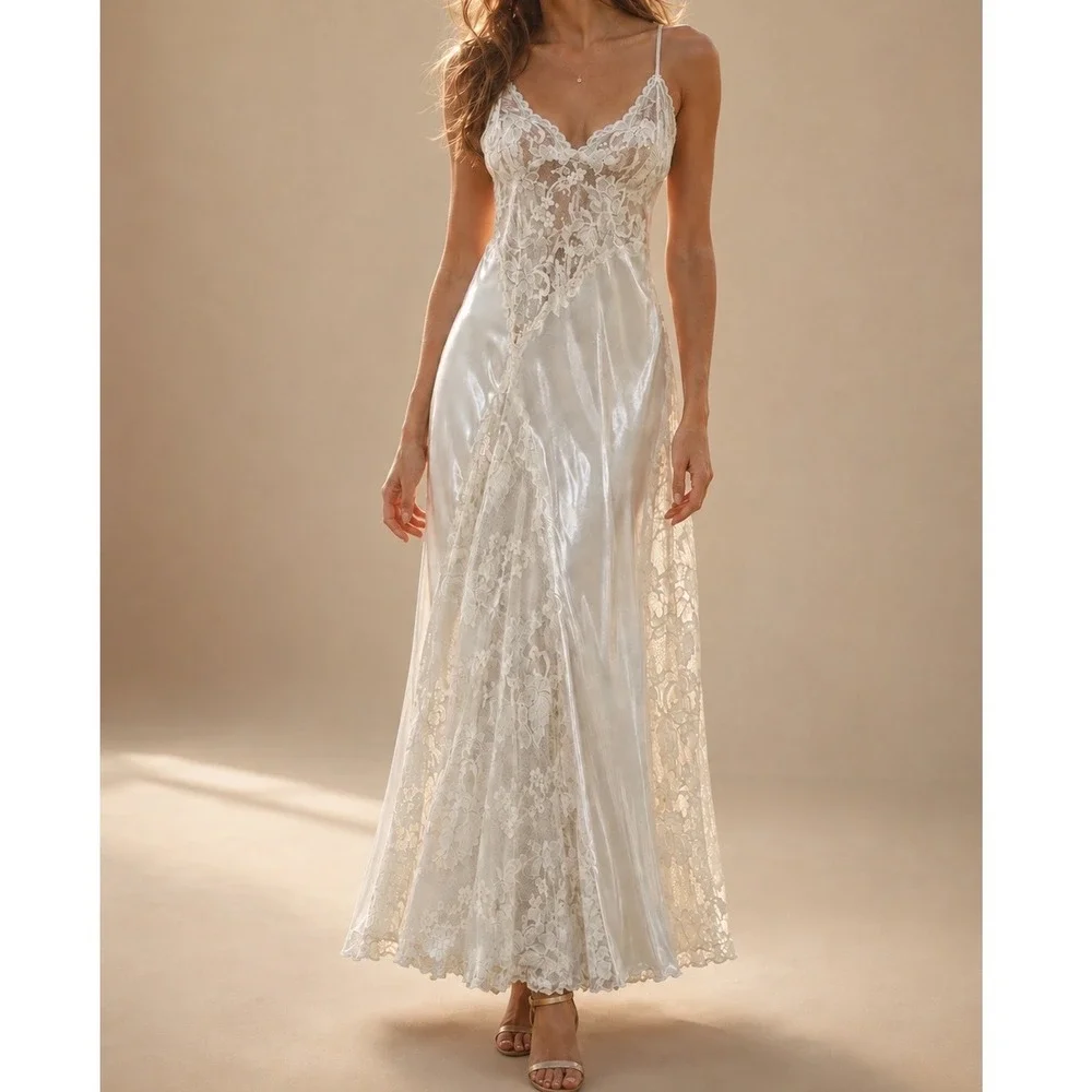 Vintage Victoria's Secret Gold Label Lace Satin Maxi Slip Dress Ivory Ethereal x